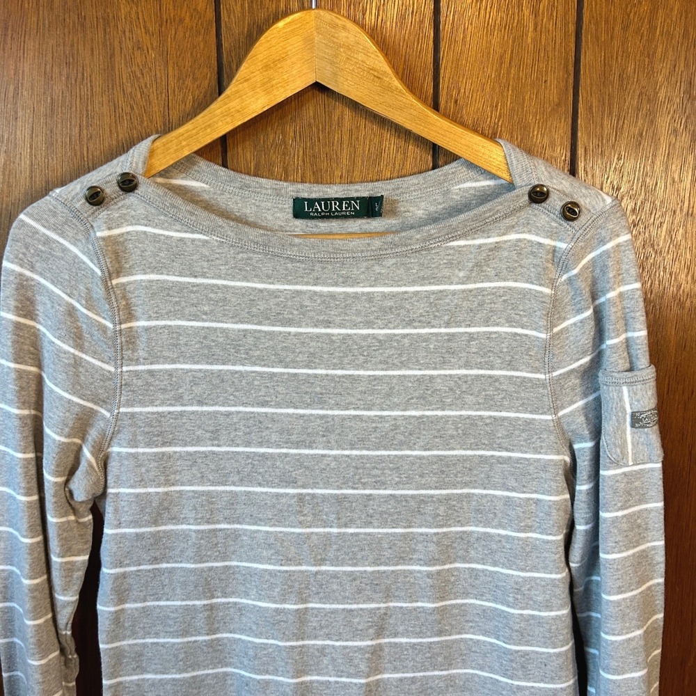 Lauren Ralph Lauren Women's Striped 3/4 Sleeve Top Gray White Size L